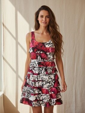 Tango Mango Tiered Ruffle Script Floral Print Dress Size S